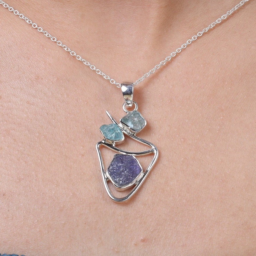 Raw Aquamarine & Tanzanite Sterling Silver Pendant