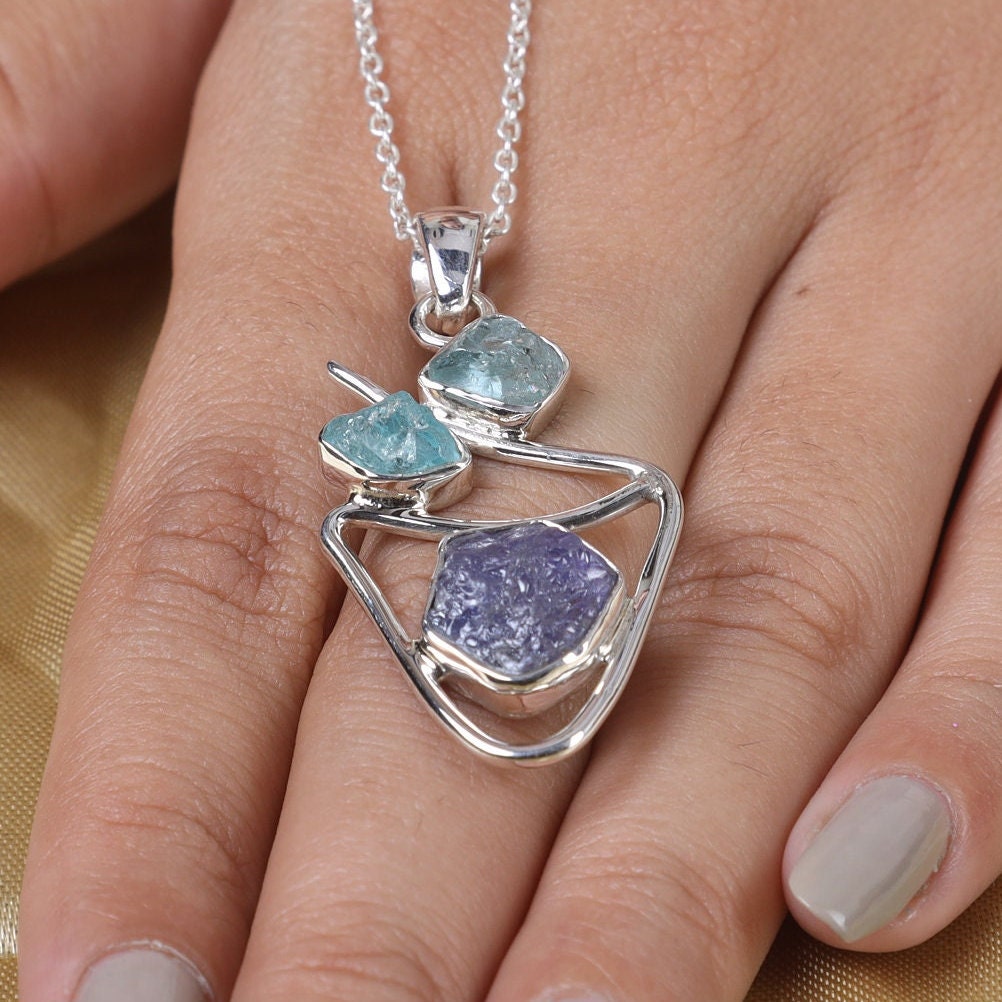 Raw Aquamarine & Tanzanite Sterling Silver Pendant