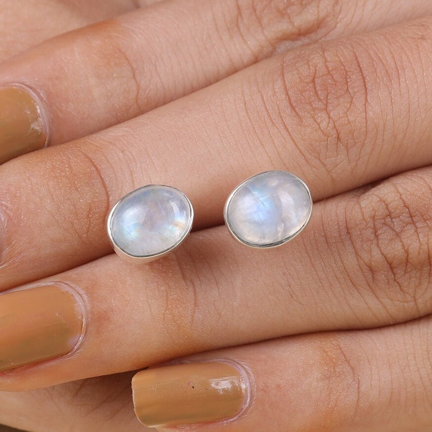 Rainbow Moonstone Sterling Silver Stud Earrings