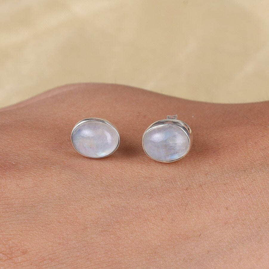 Rainbow Moonstone Sterling Silver Stud Earrings