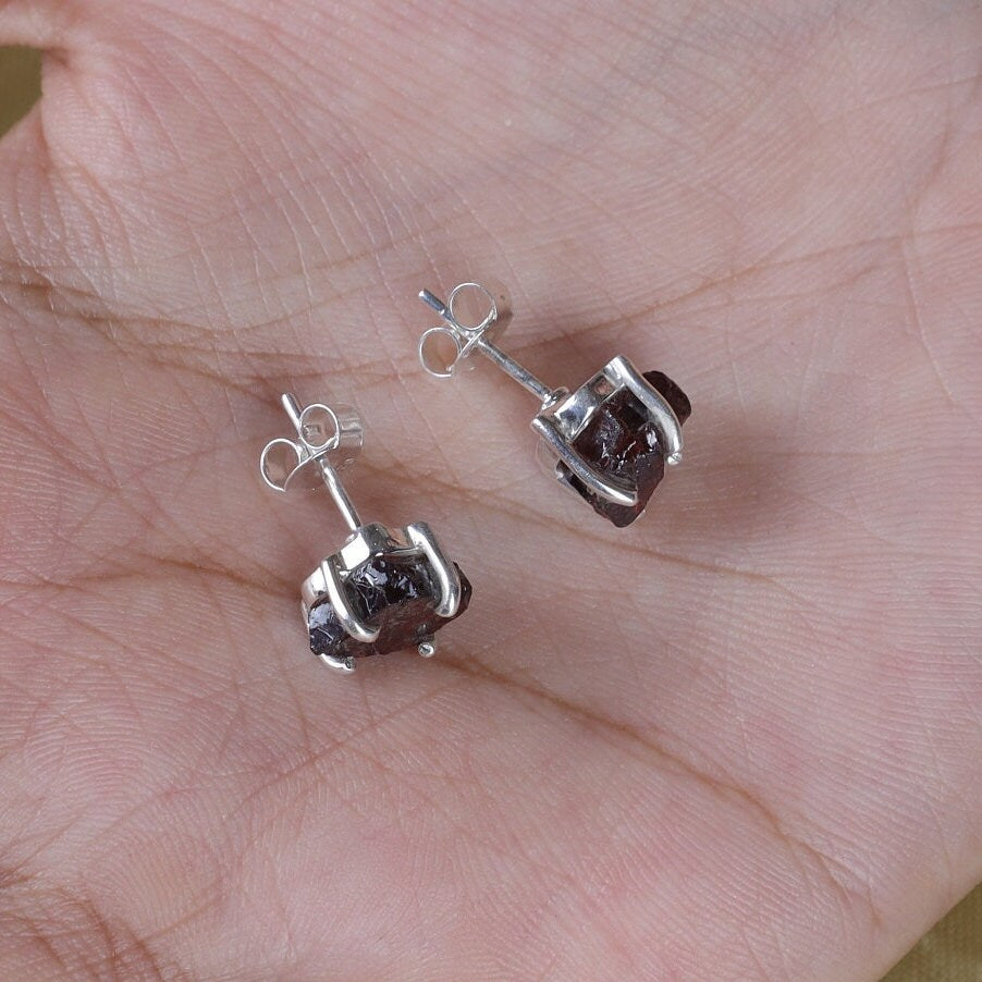 Raw Garnet Sterling Silver Stud Earrings