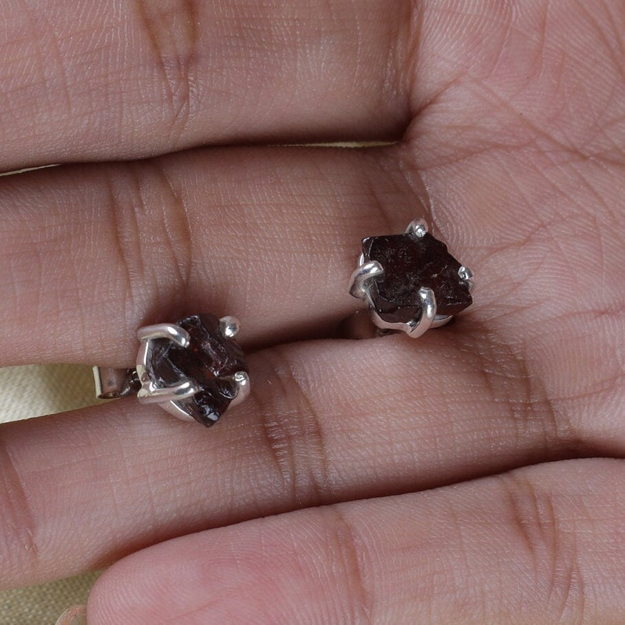 Raw Garnet Sterling Silver Stud Earrings