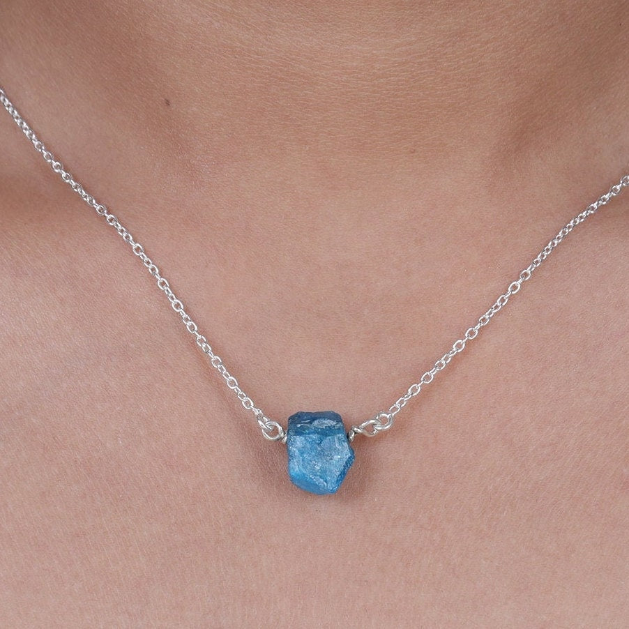 Raw Sky Blue Apatite Pendant, 925 Sterling Silver Pendant, Rough Crystal Necklace, Pendant With Chain, Dainty Pendant, Handmade Jewellery