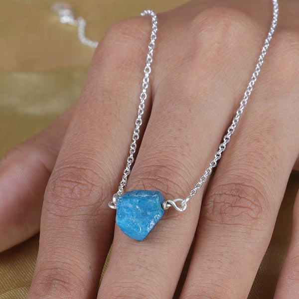Raw Sky Blue Apatite Pendant, 925 Sterling Silver Pendant, Rough Crystal Necklace, Pendant With Chain, Dainty Pendant, Handmade Jewellery