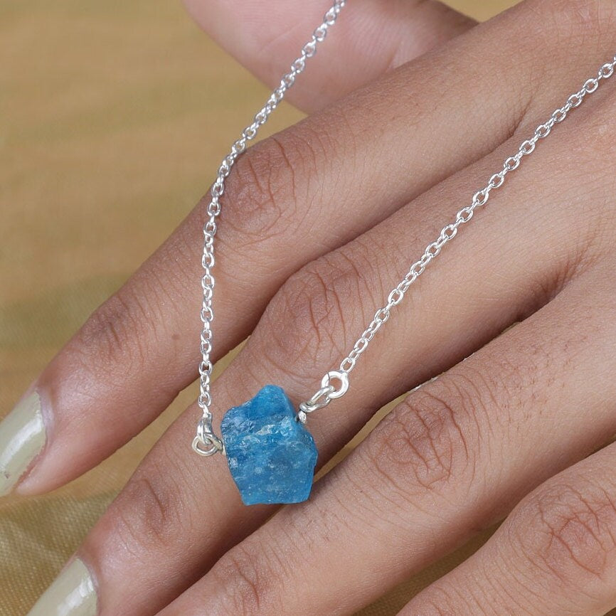 Raw Sky Blue Apatite Pendant, 925 Sterling Silver Pendant, Rough Crystal Necklace, Pendant With Chain, Dainty Pendant, Handmade Jewellery