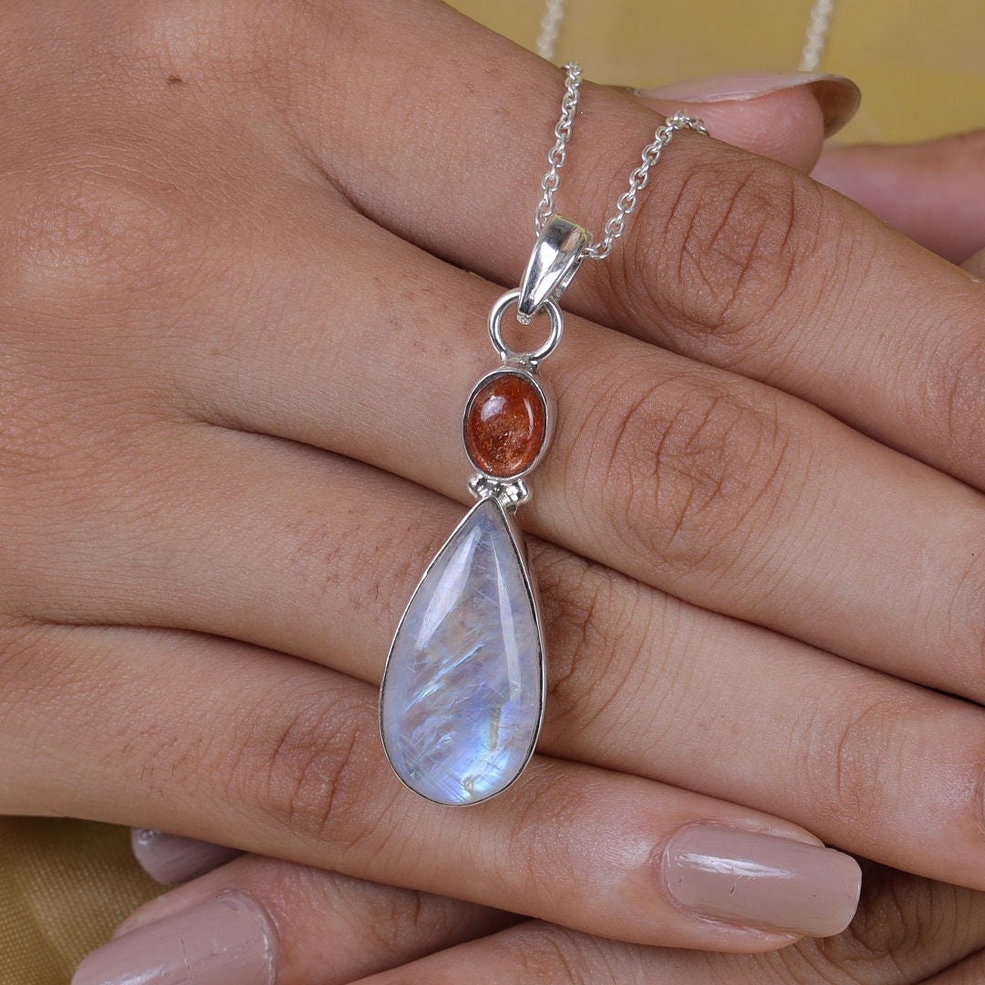 Rainbow Moonstone & Sunstone Sterling Silver Pendant