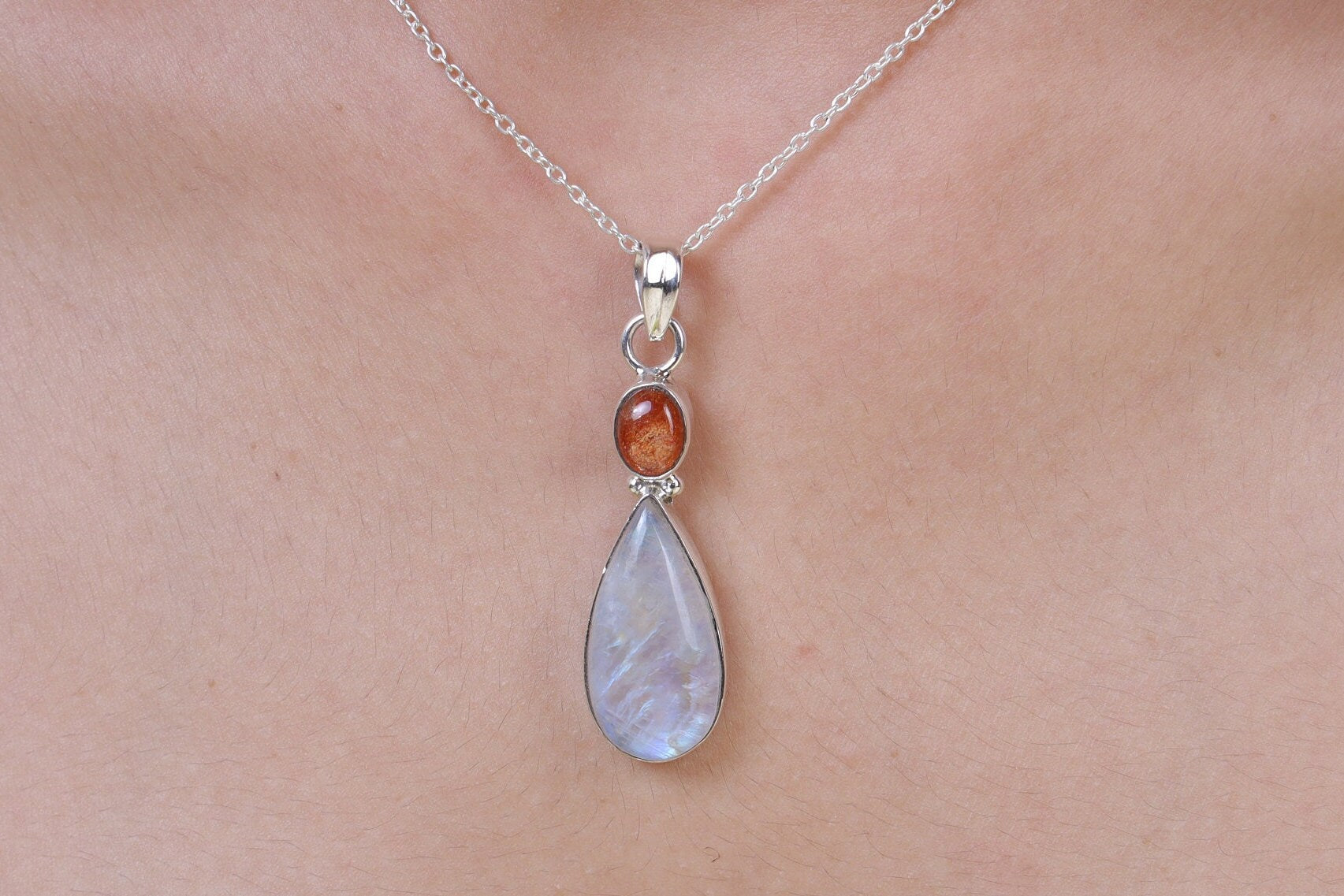 Rainbow Moonstone & Sunstone Sterling Silver Pendant