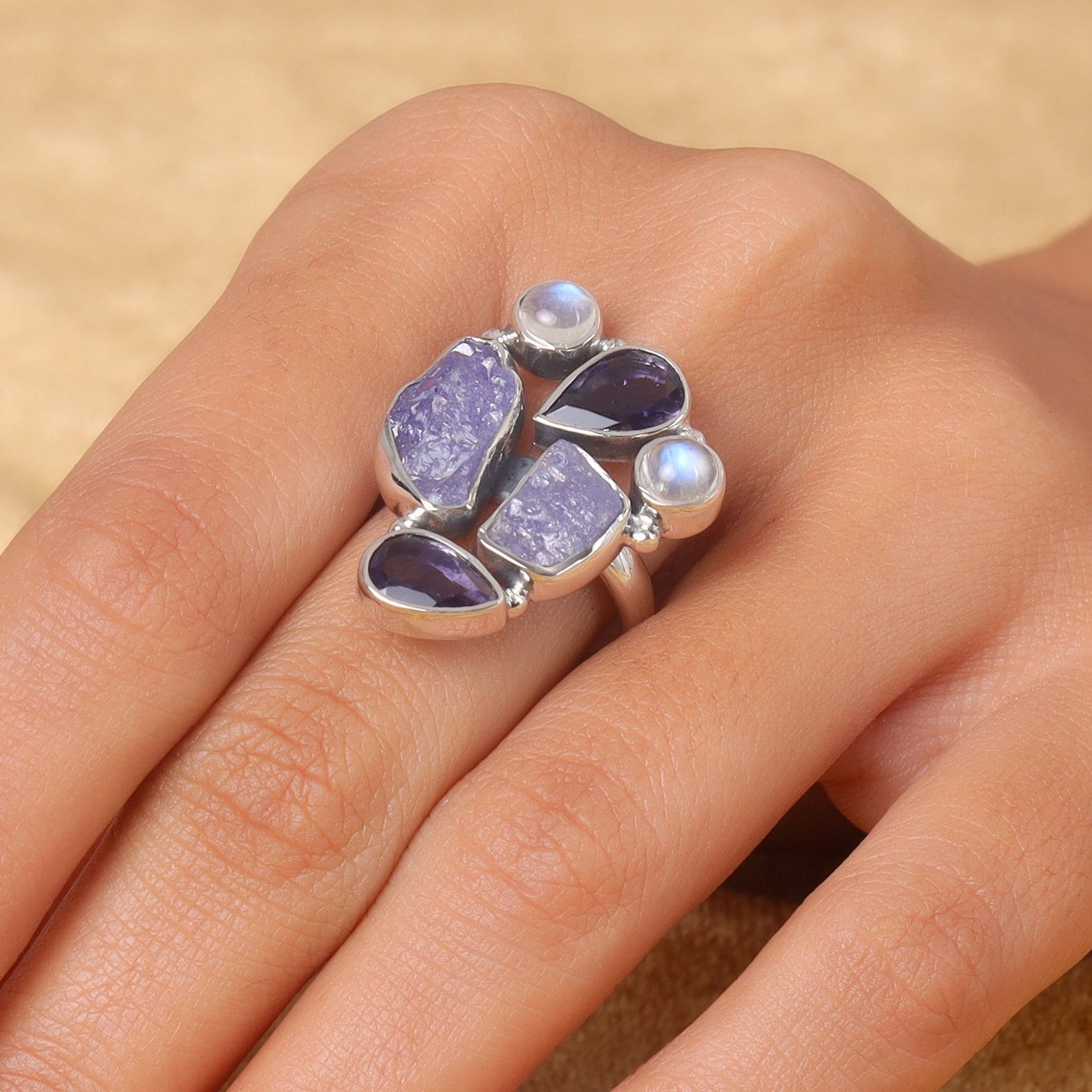 Amethyst Rainbow Moonstone Sterling Silver Ring