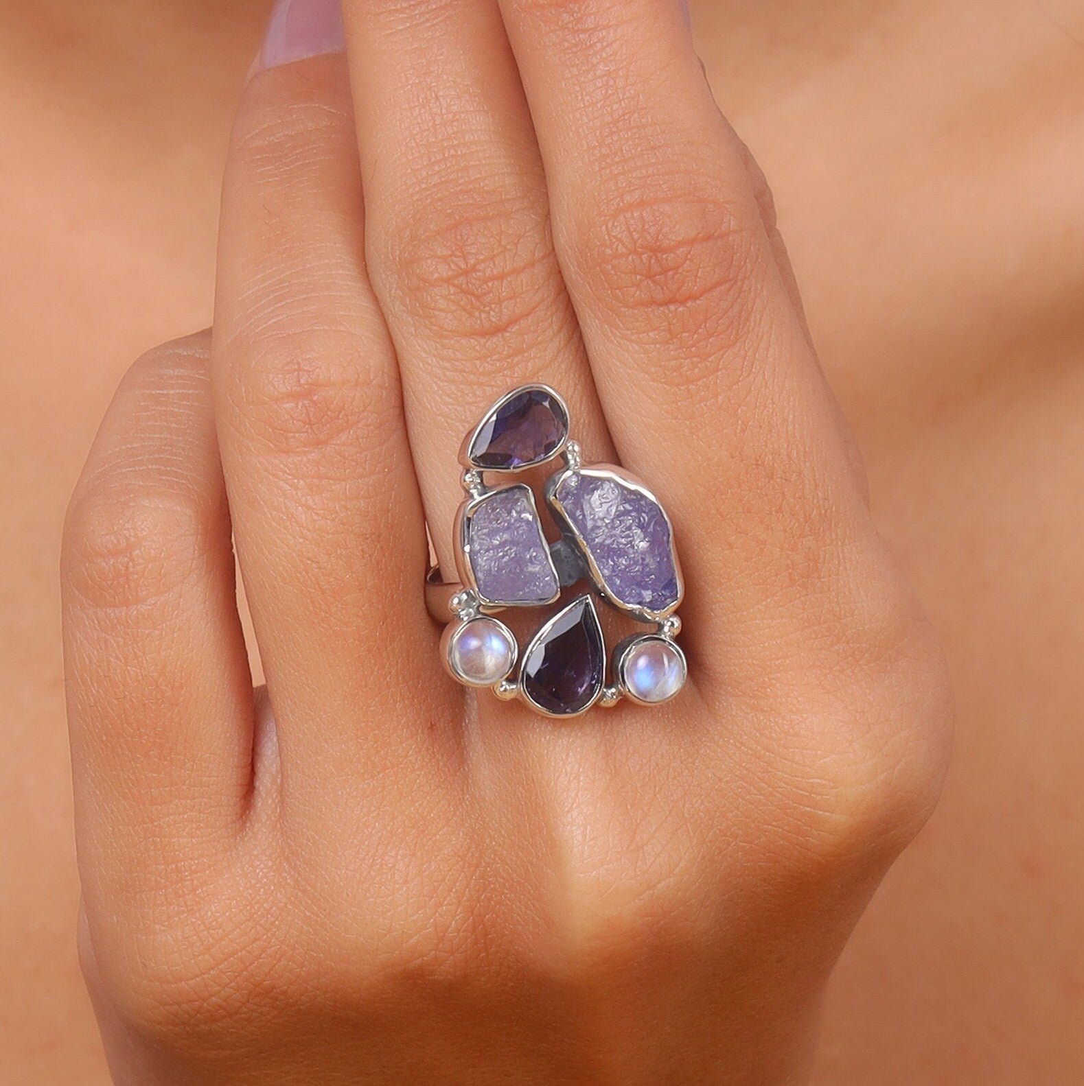 Amethyst Rainbow Moonstone Sterling Silver Ring