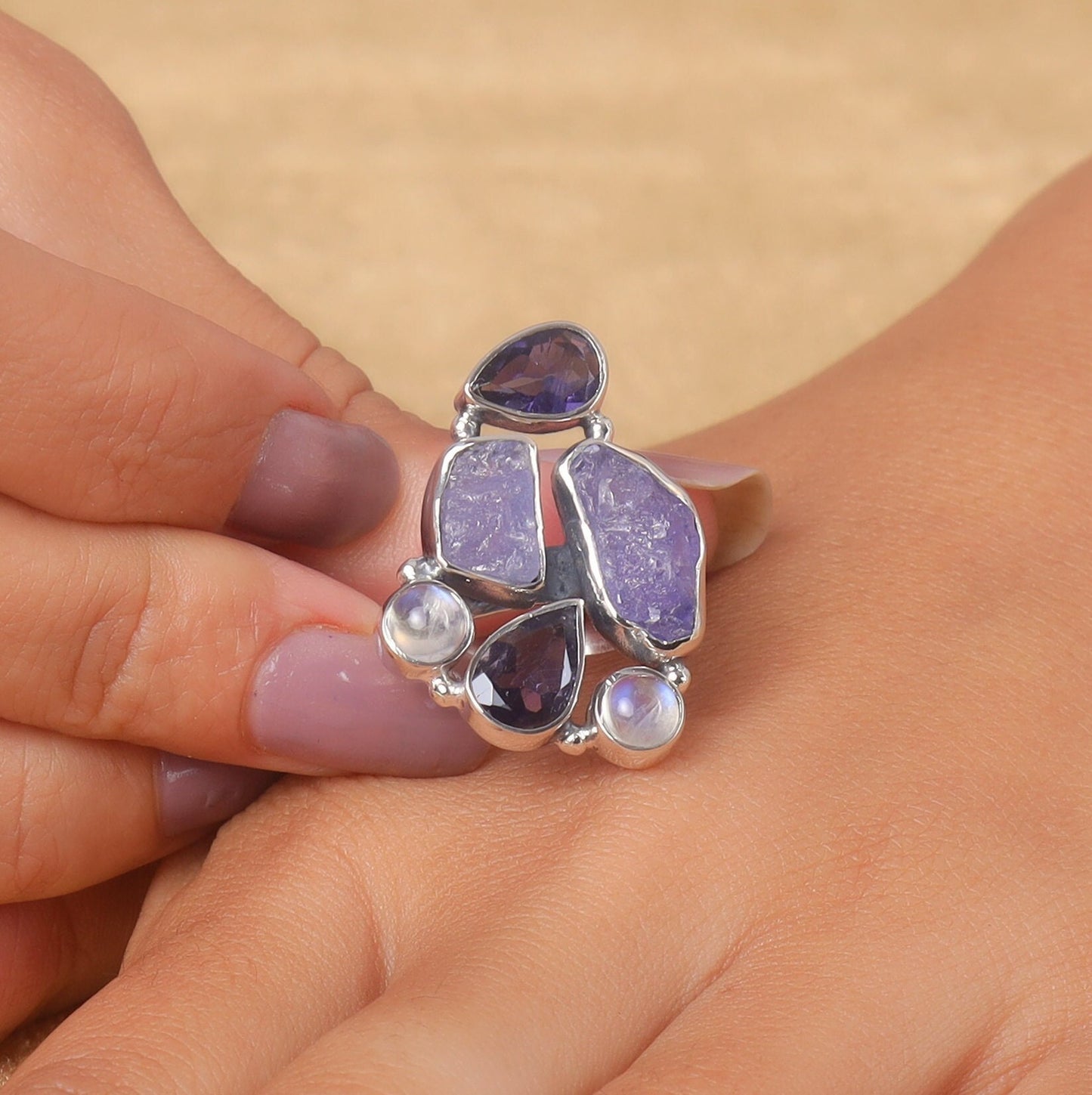 Amethyst Rainbow Moonstone Sterling Silver Ring