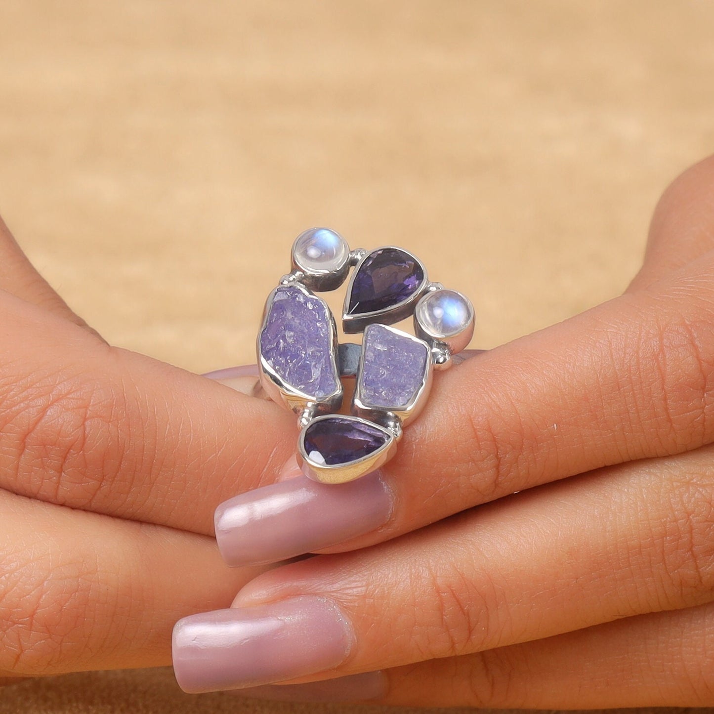 Amethyst Rainbow Moonstone Sterling Silver Ring