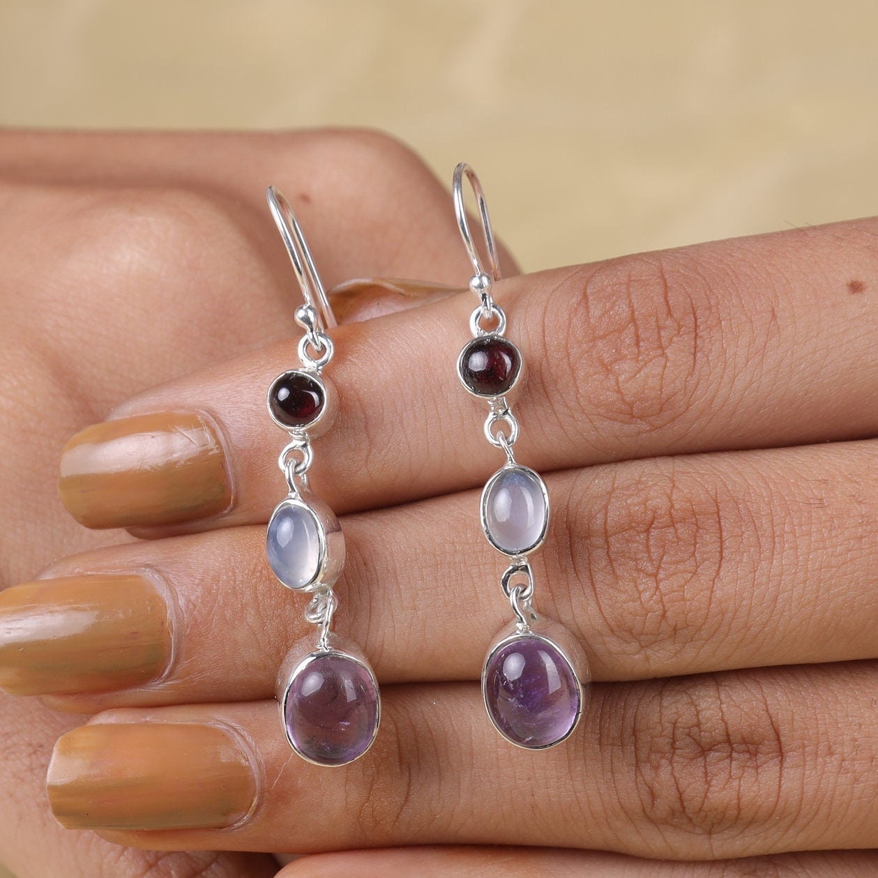 Amethyst, Chalcedony & Garnet Sterling Silver Earrings