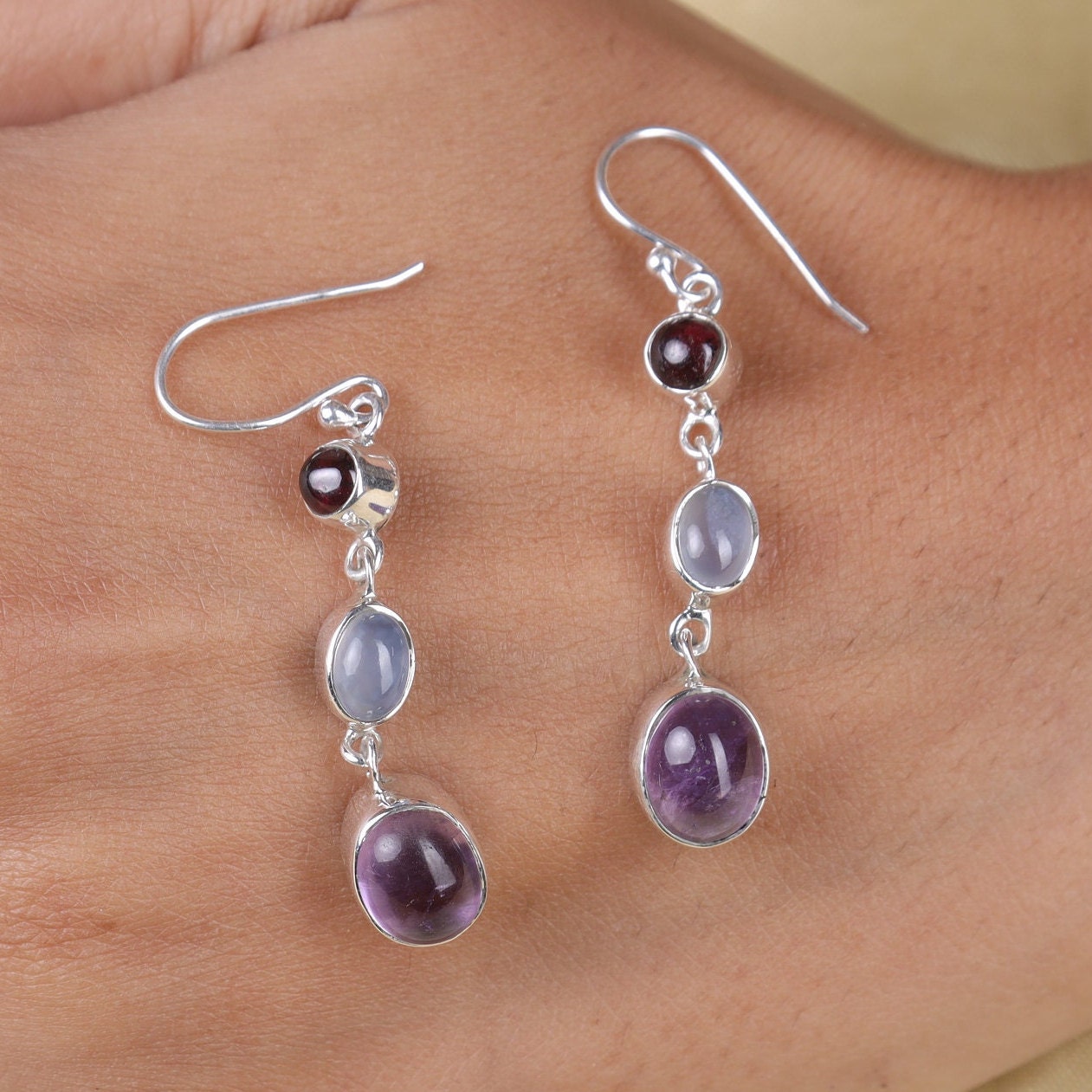 Amethyst, Chalcedony & Garnet Sterling Silver Earrings