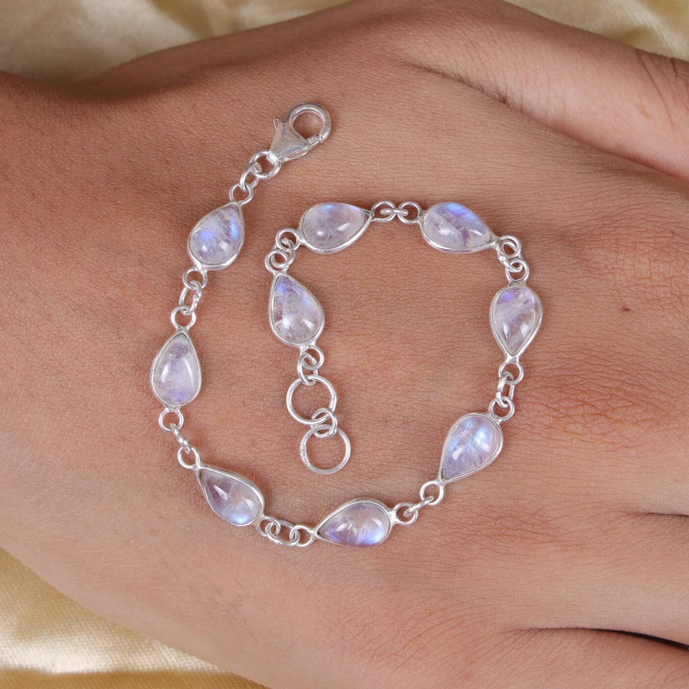 Rainbow Moonstone Sterling Silver Bracelet