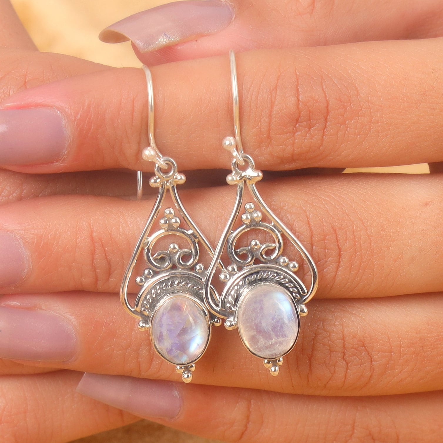 Rainbow Moonstone Sterling Silver Earrings