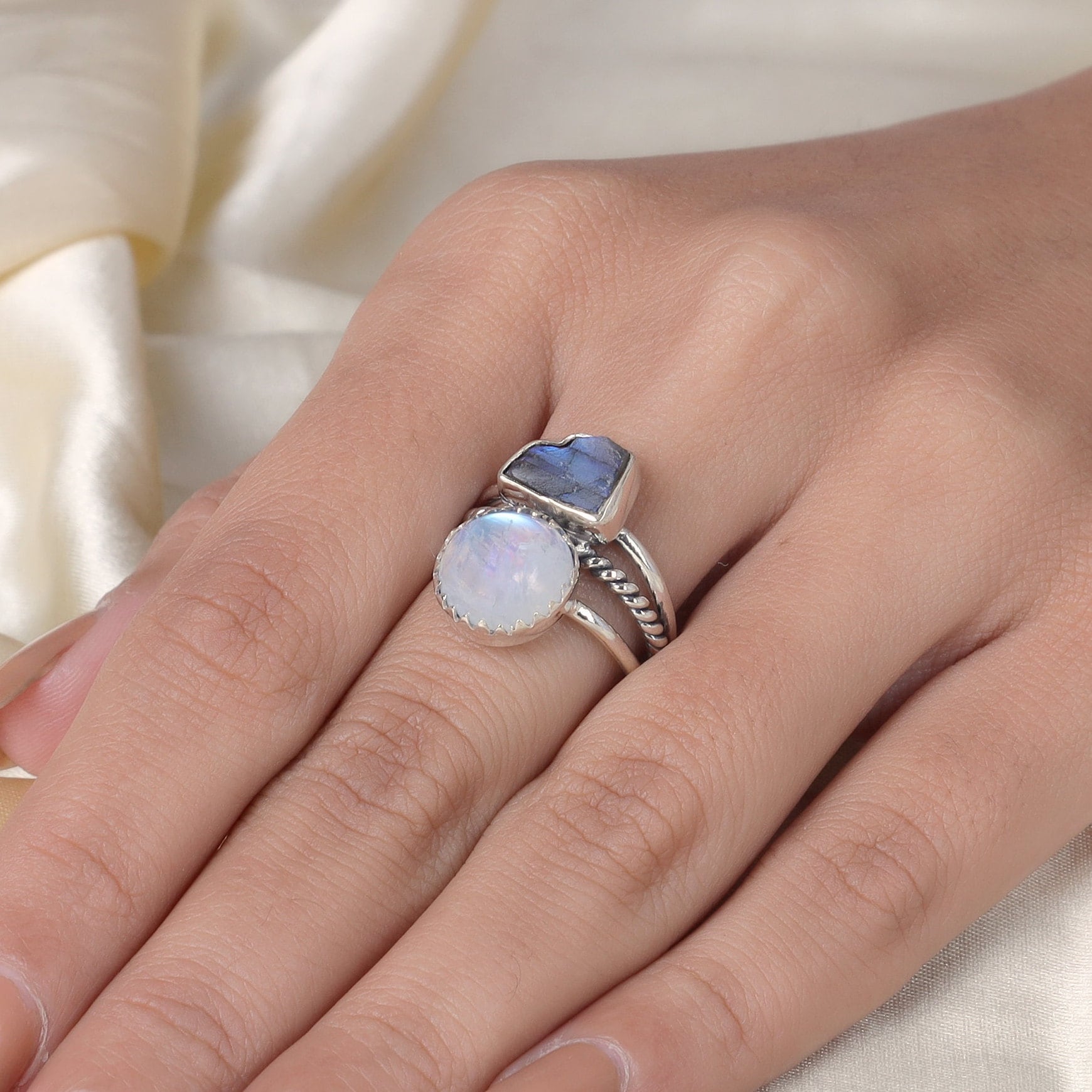 Rainbow Moonstone & Labradorite Sterling Silver Ring