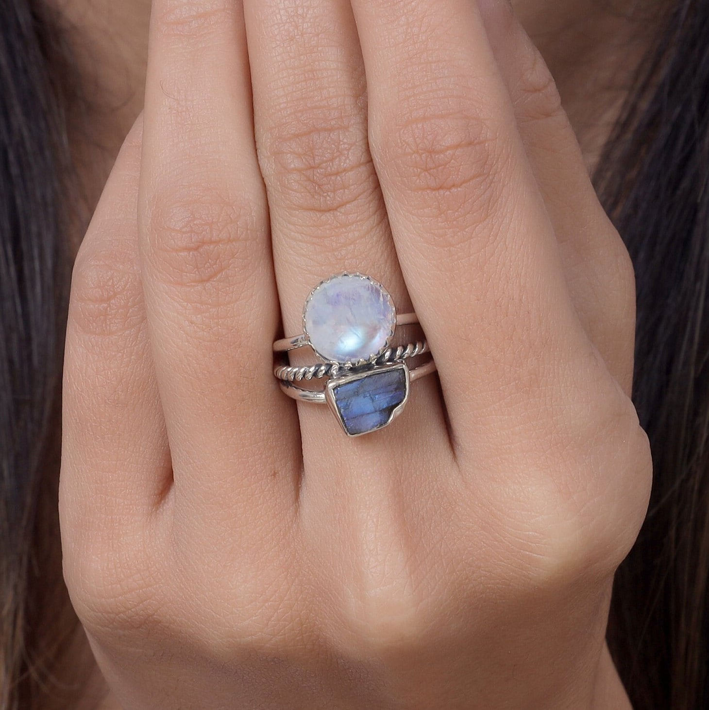 Rainbow Moonstone & Labradorite Sterling Silver Ring