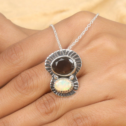 Ethiopian Opal & Smoky Quartz Sterling Silver Pendant