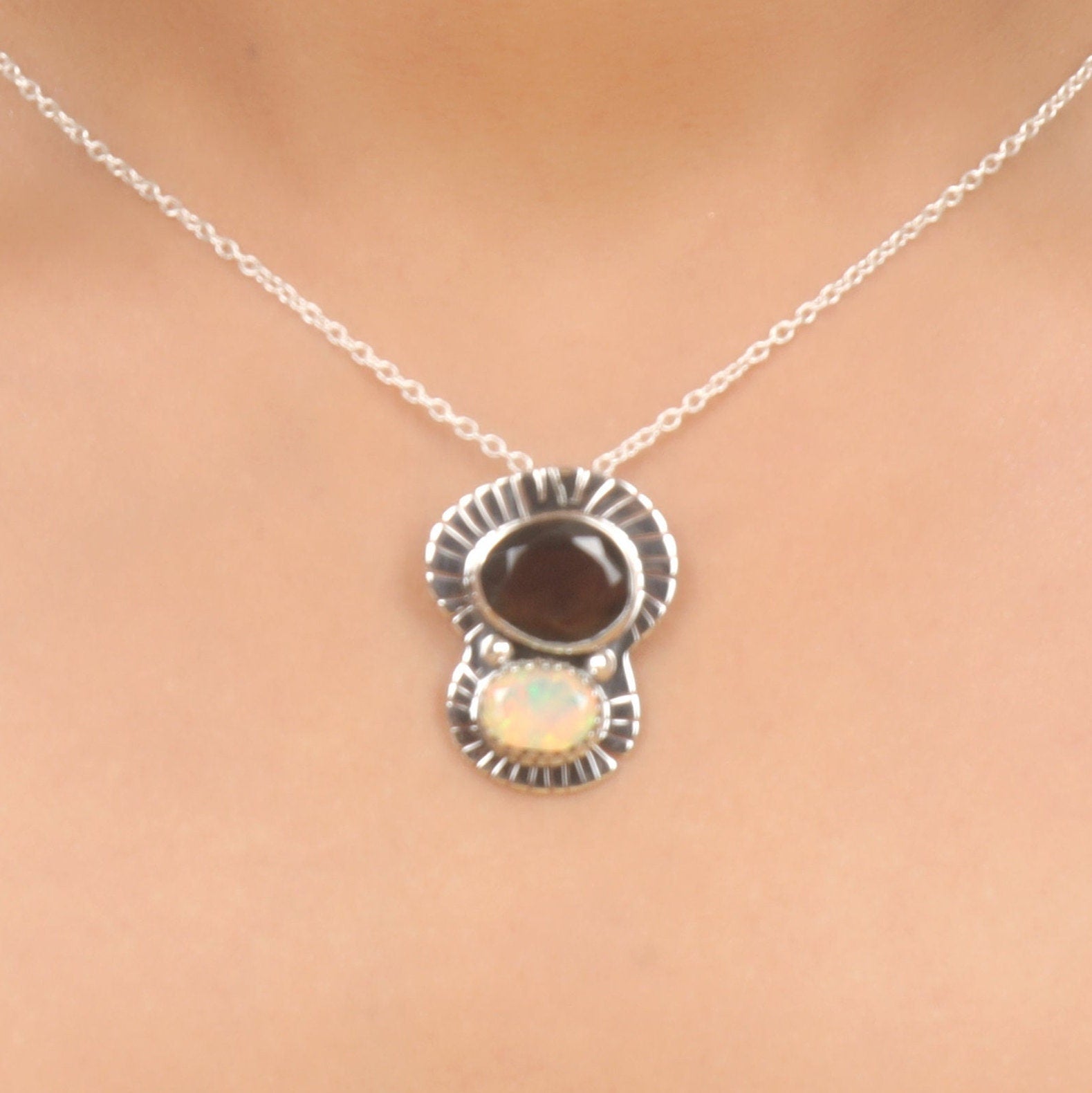 Ethiopian Opal & Smoky Quartz Sterling Silver Pendant