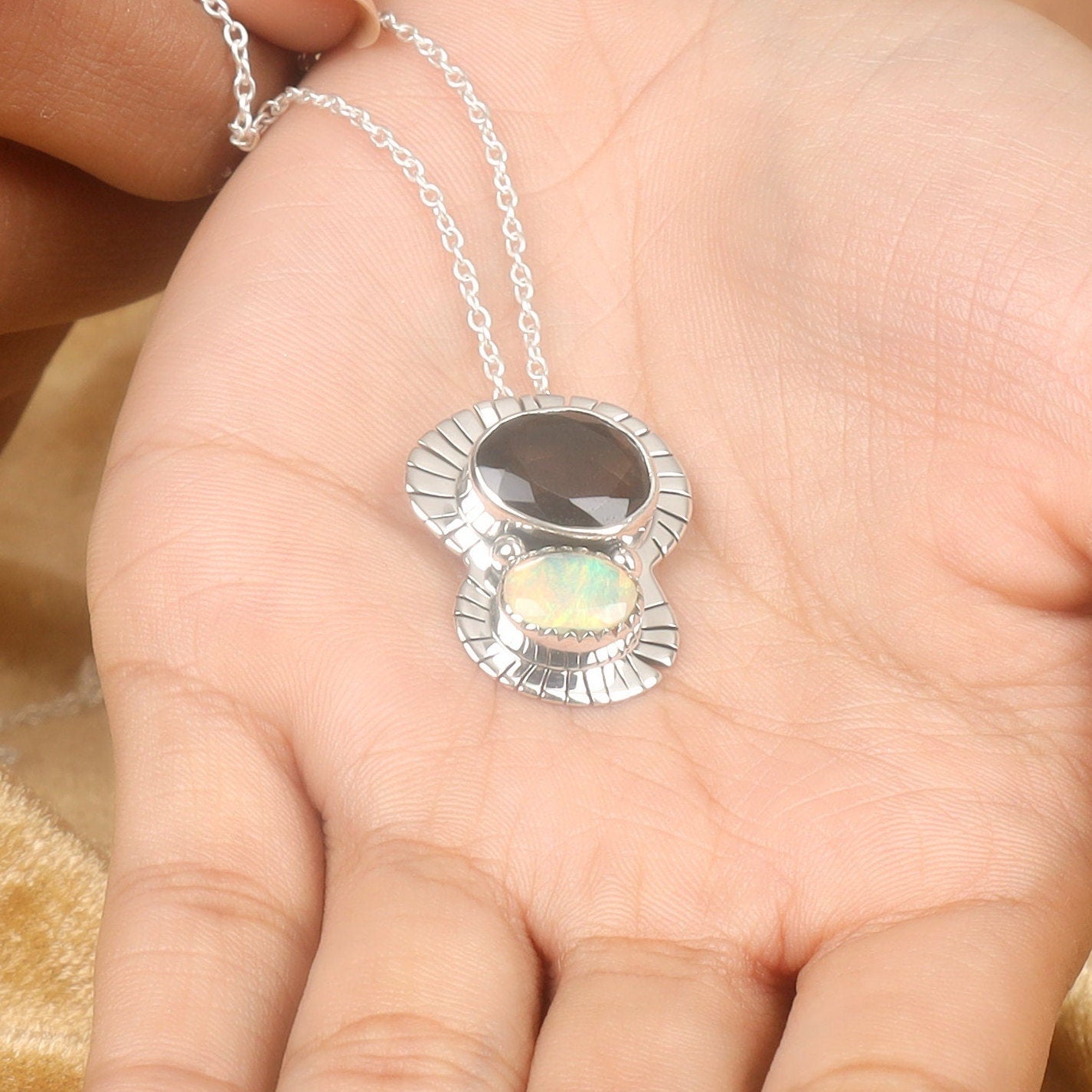 Ethiopian Opal & Smoky Quartz Sterling Silver Pendant