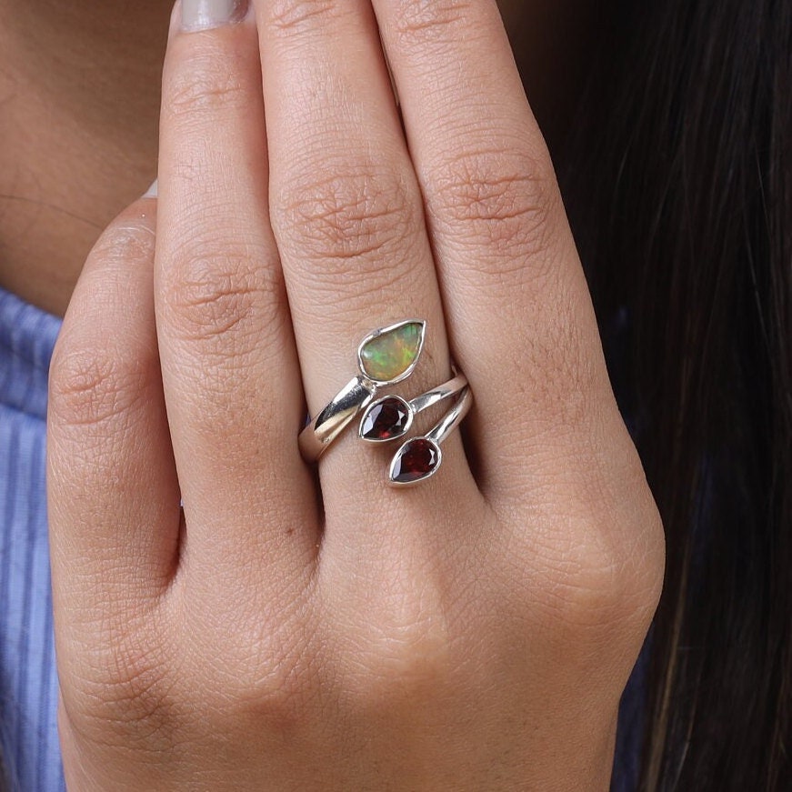 Raw Ethiopian Opal & Garnet Sterling Silver Ring