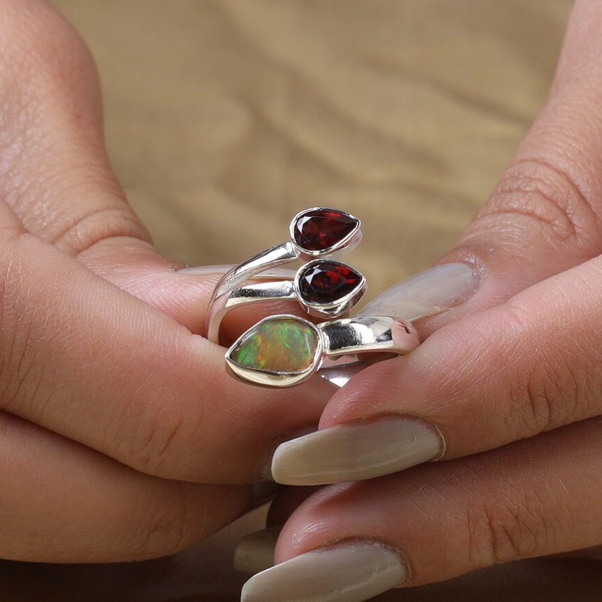 Raw Ethiopian Opal & Garnet Sterling Silver Ring