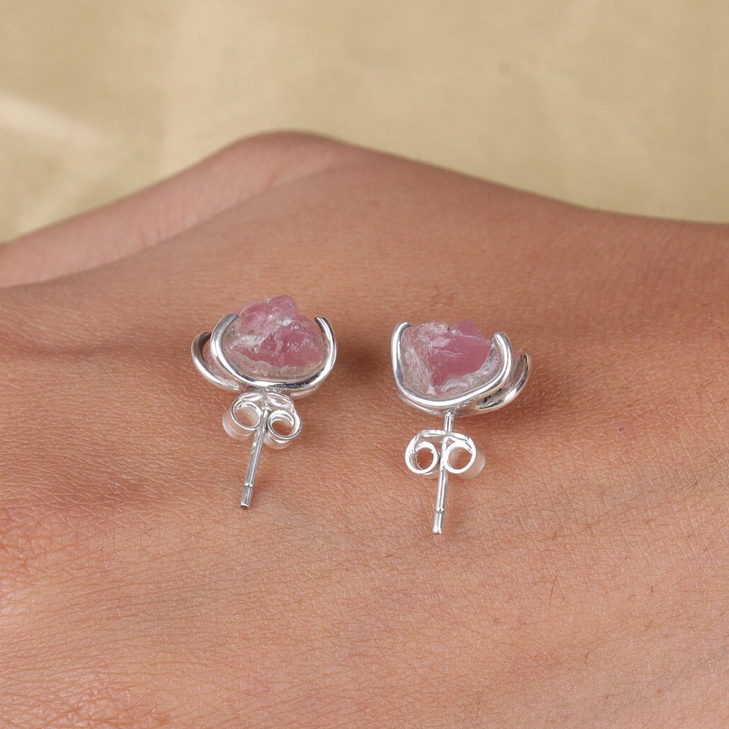 Raw Rose Quartz Sterling Silver Stud Earrings