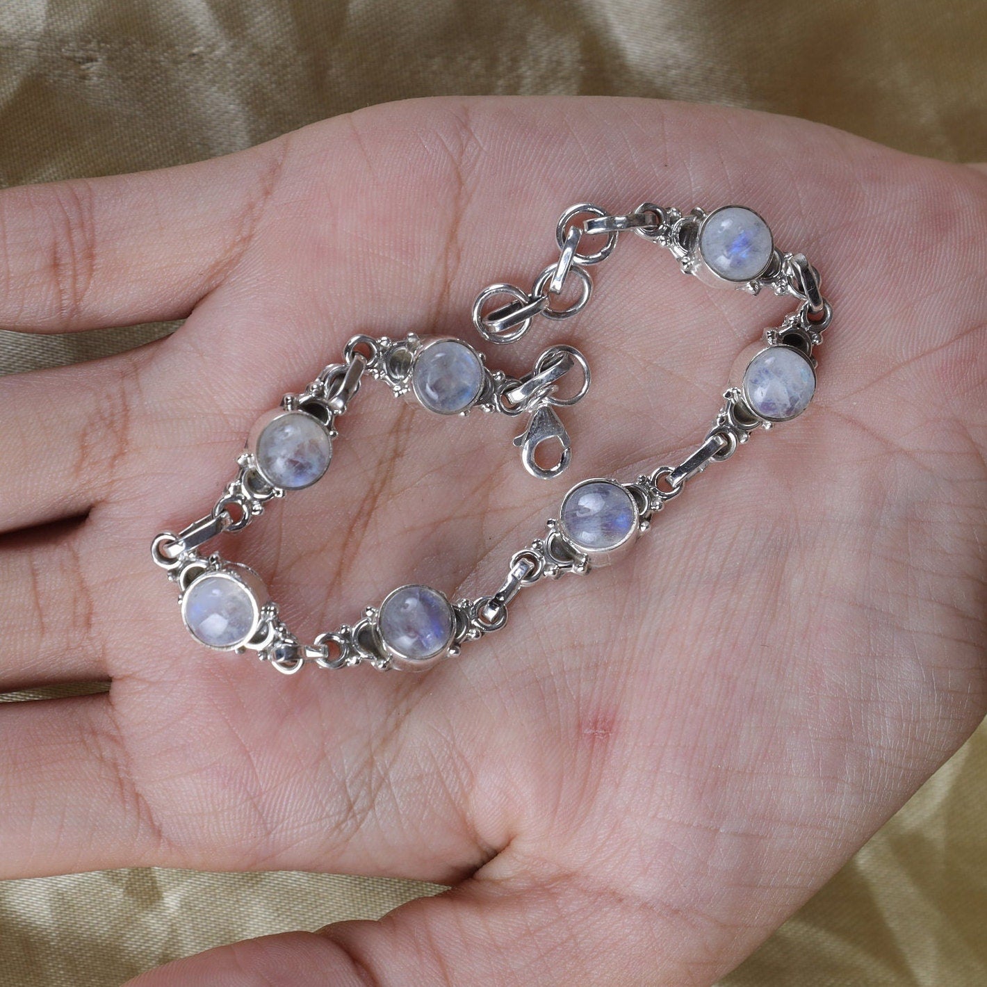 Rainbow Moonstone Sterling Silver Bracelet