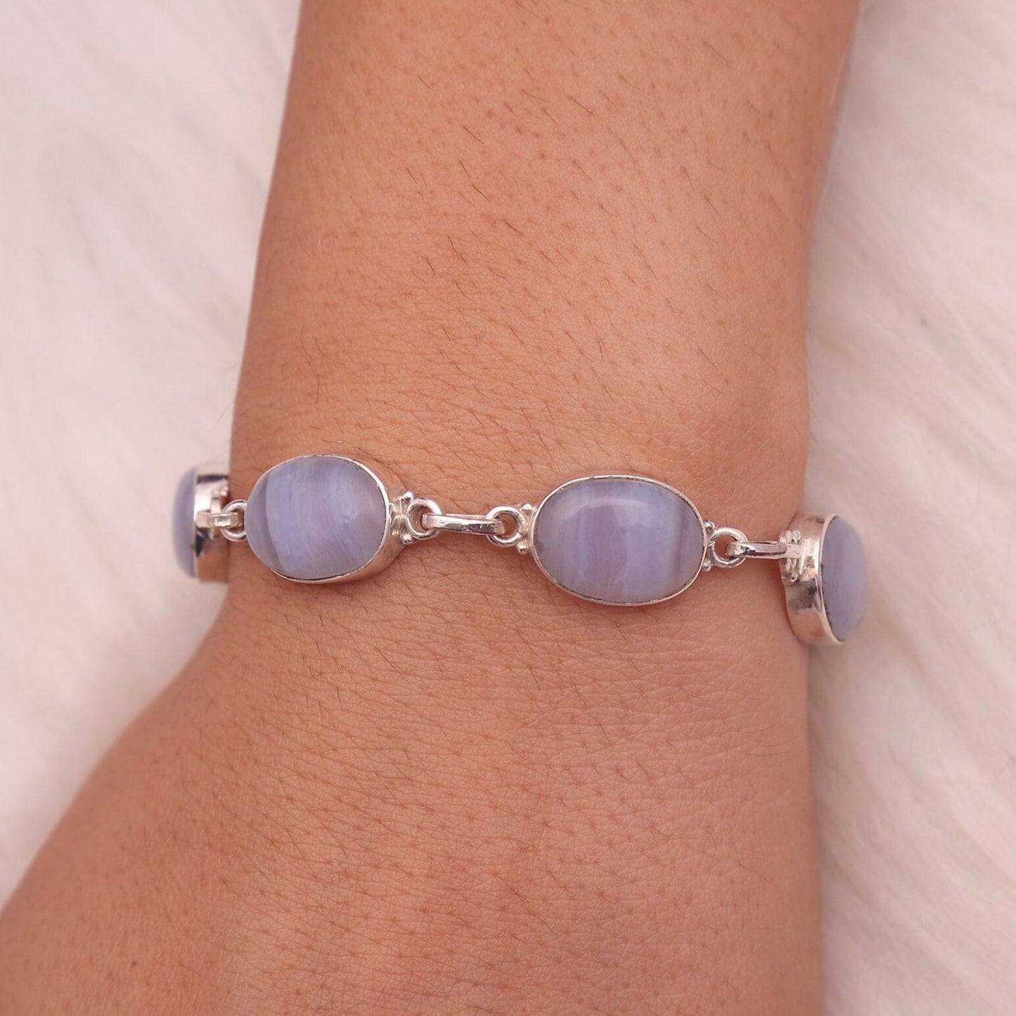 Blue Lace Agate Sterling Silver Bracelet