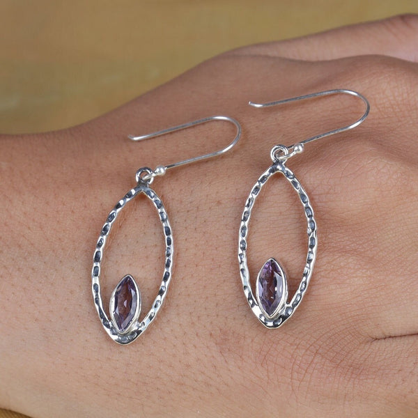 Amethyst Earrings, 925 Sterling Silver Earrings, Marquise Shaped Earrings, Crystal Silver Earrings, Boho Earrings, Dangle Gemstone Earrings