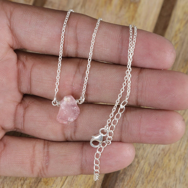Raw Rose Quartz Pendant, 925 Sterling Silver Necklace, Boho Pendant, Pendant With Chain, January Birthstone, Handmade Jewelry, Gift For Her
