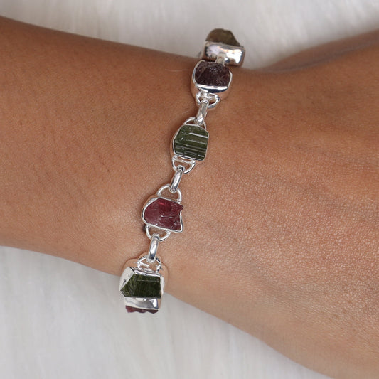 Raw Black Tourmaline, Raw Citrine, Raw Garnet, Raw Peridot & Raw Pink Tourmaline Sterling Silver Bracelet