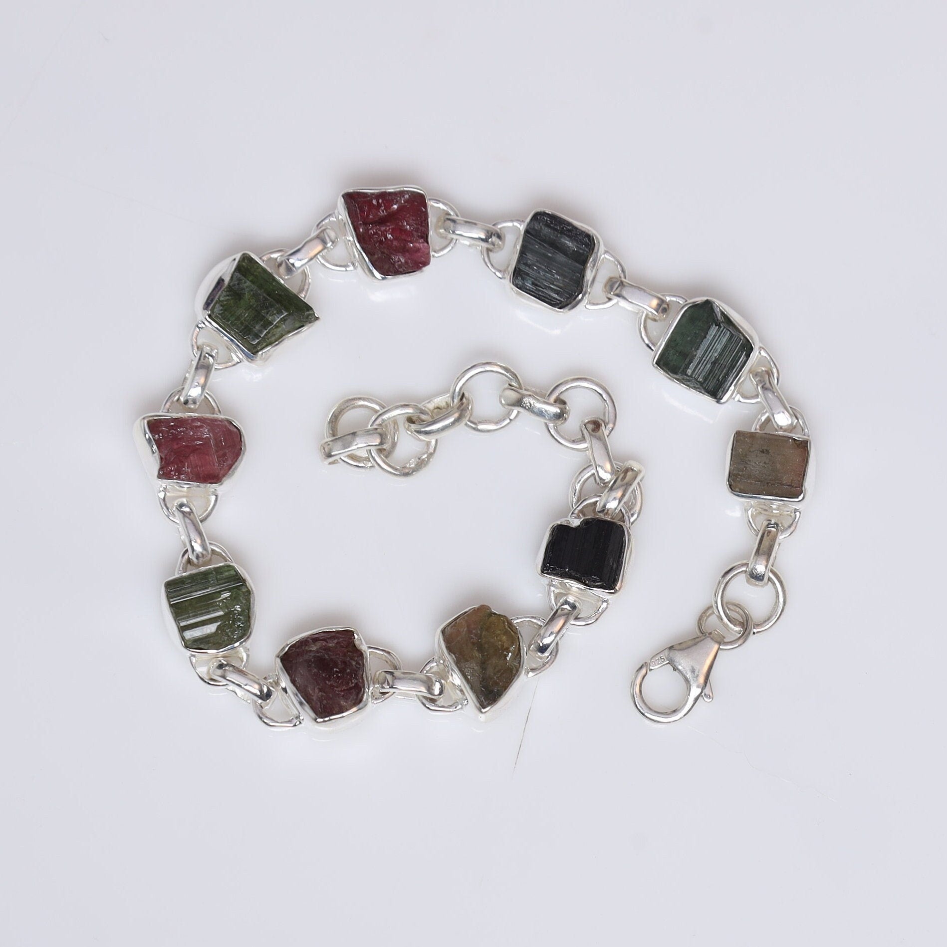 Raw Black Tourmaline, Raw Citrine, Raw Garnet, Raw Peridot & Raw Pink Tourmaline Sterling Silver Bracelet