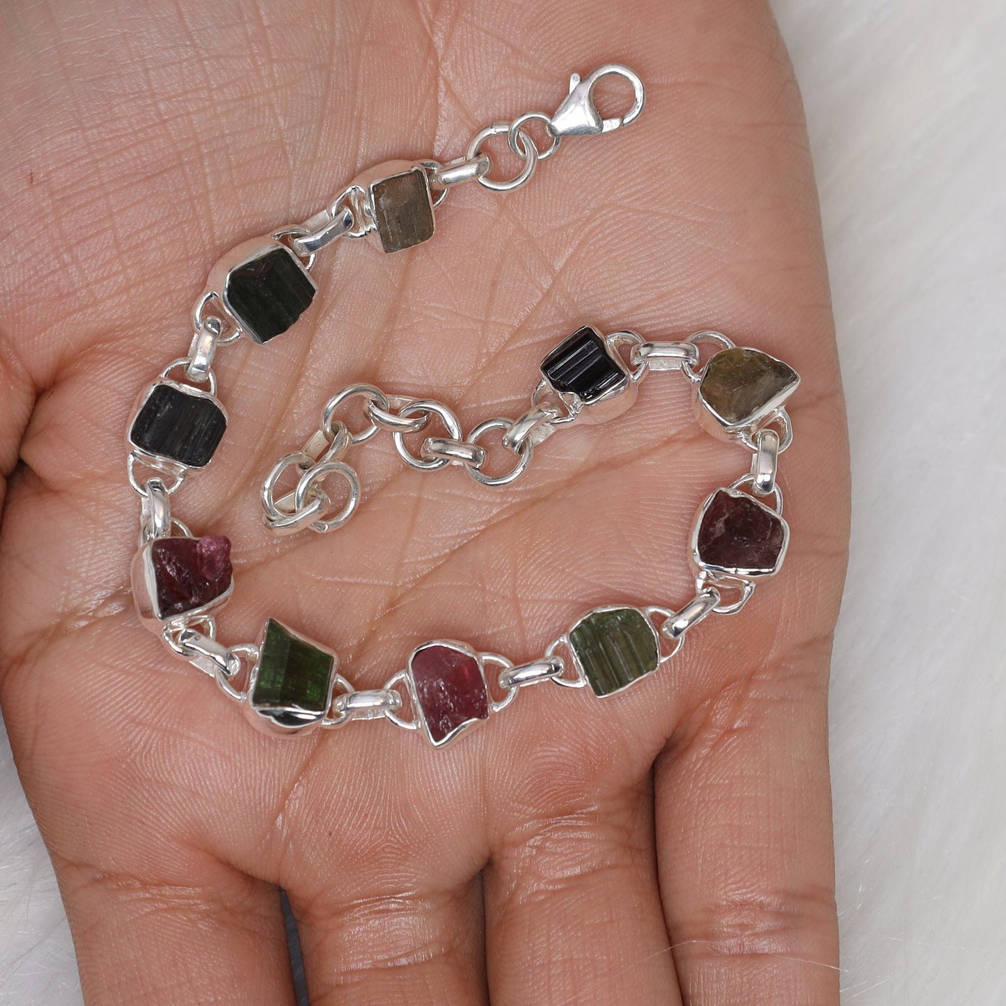 Raw Black Tourmaline, Raw Citrine, Raw Garnet, Raw Peridot & Raw Pink Tourmaline Sterling Silver Bracelet