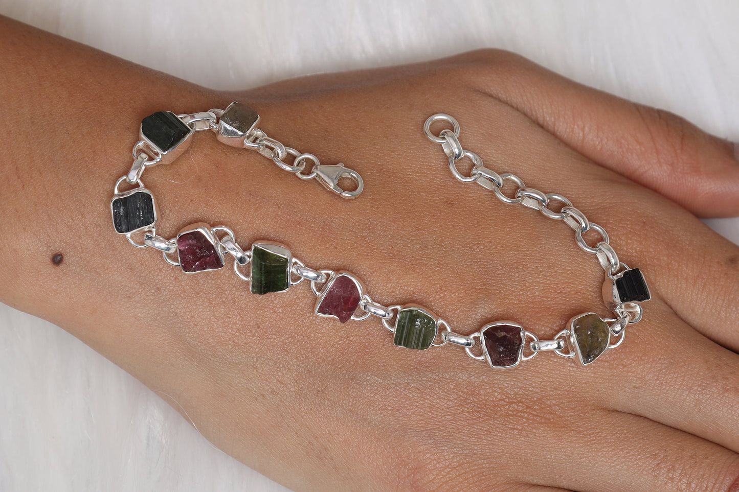 Raw Black Tourmaline, Raw Citrine, Raw Garnet, Raw Peridot & Raw Pink Tourmaline Sterling Silver Bracelet