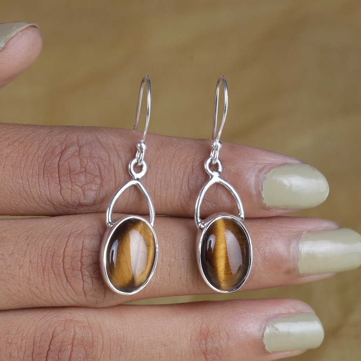 Tiger Eye Earrings, 925 Sterling Silver Earrings, Oval Gemstone Earrings, Drop Dangle Earrings, Women Silver Earrings, Boho Handmade Jewelry