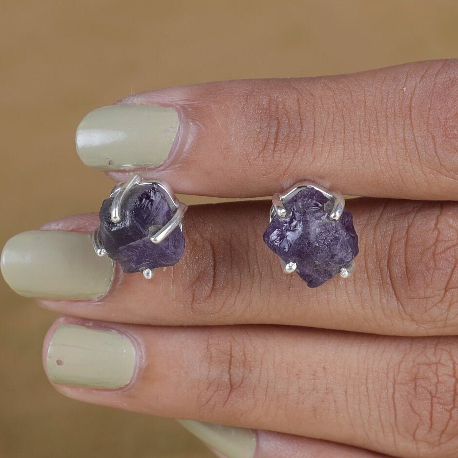 Raw Amethyst Sterling Silver Stud Earrings