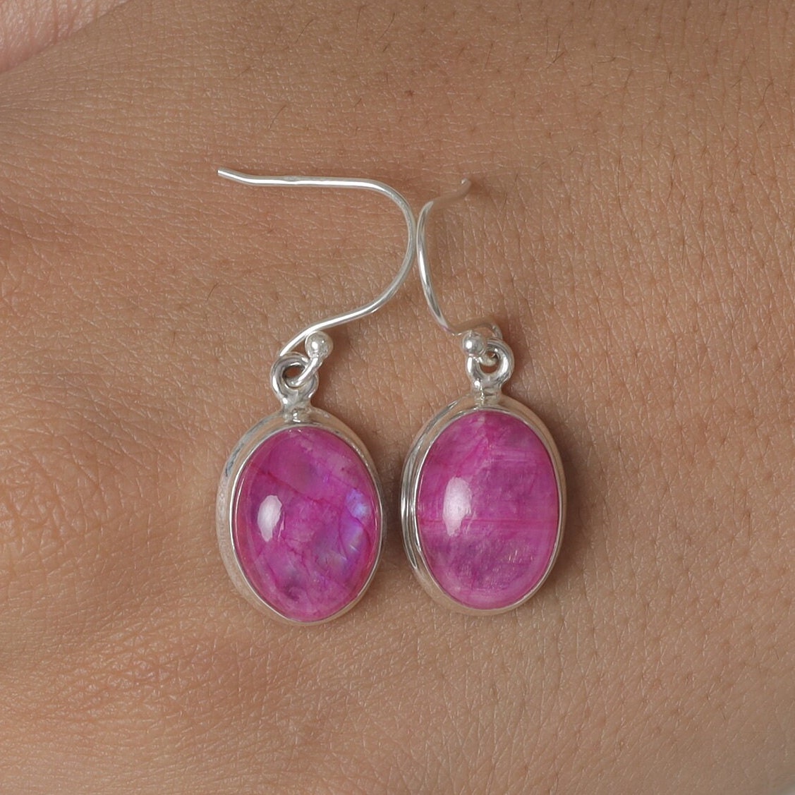 Pink Rainbow Moonstone Sterling Silver Earrings