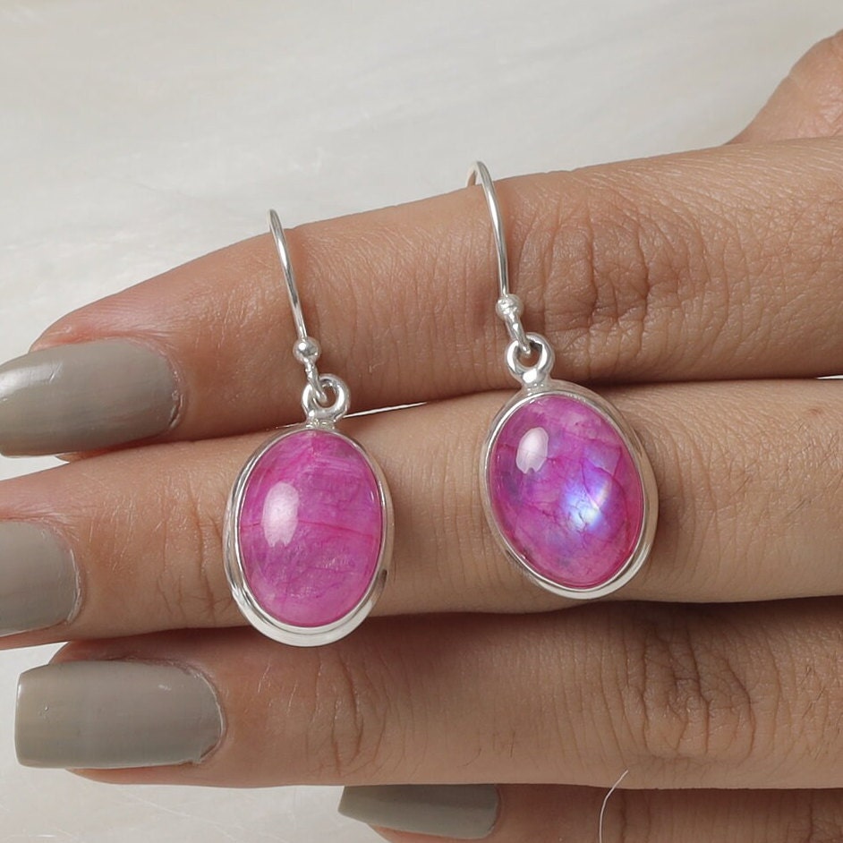 Pink Rainbow Moonstone Sterling Silver Earrings