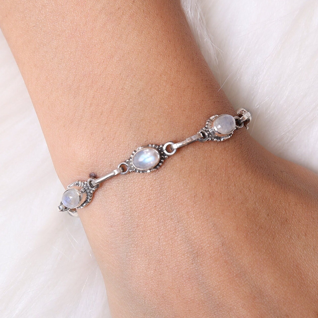 Rainbow Moonstone Sterling Silver Bracelet