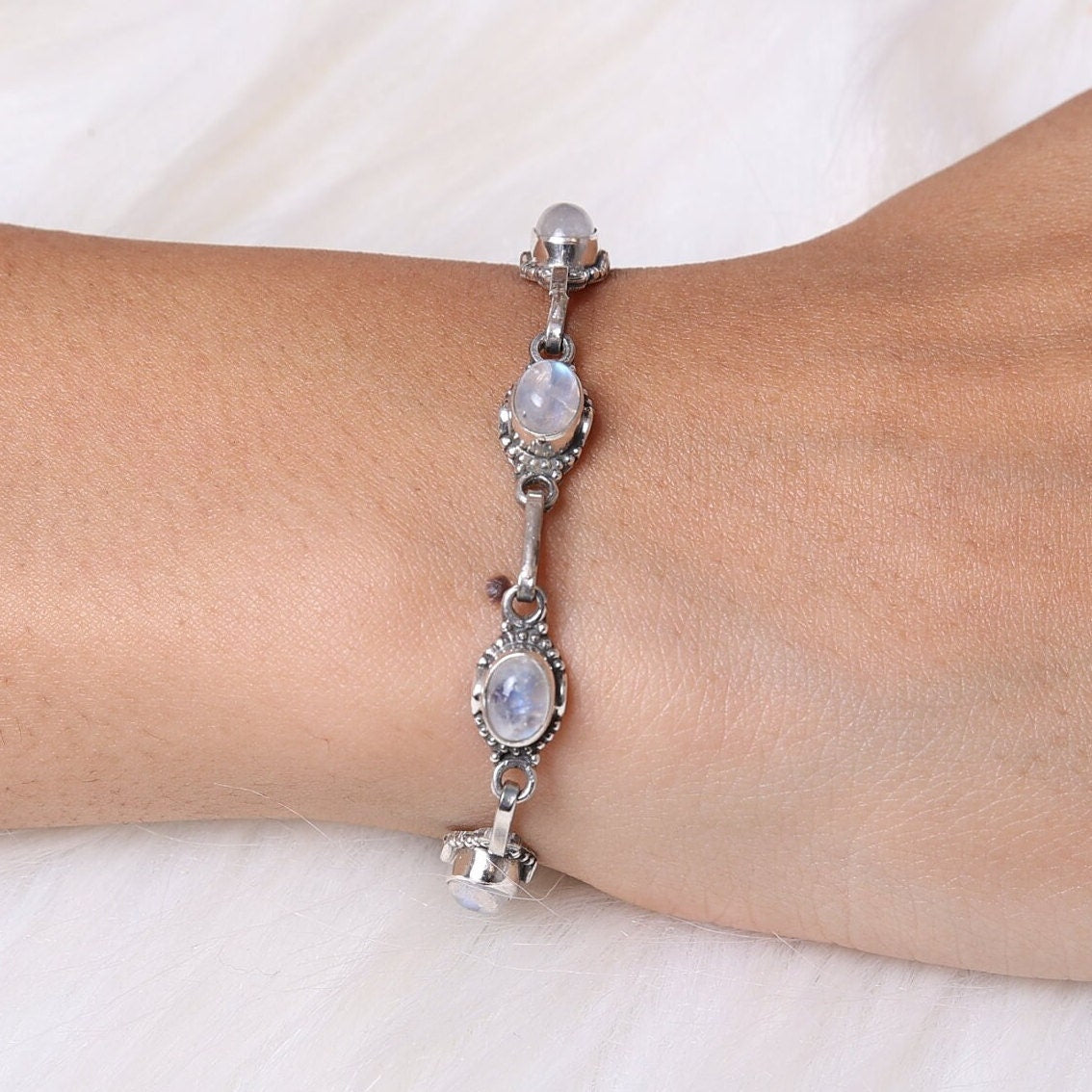 Rainbow Moonstone Sterling Silver Bracelet