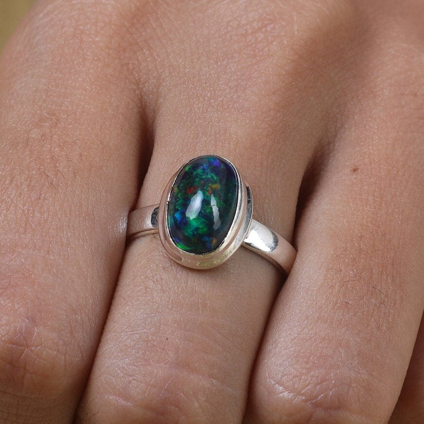 Black Opal Sterling Silver Ring