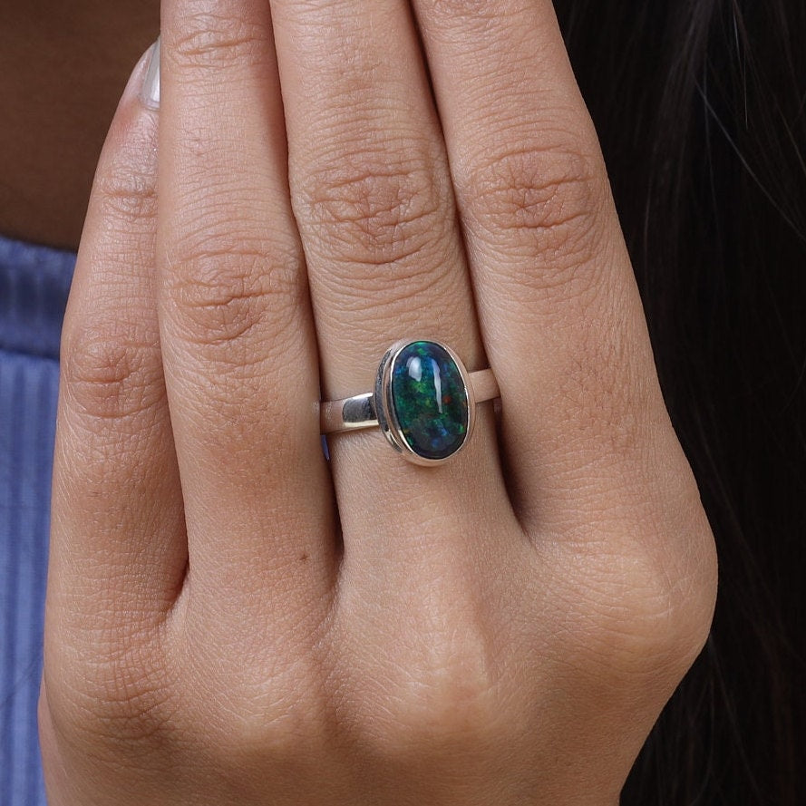 Black Opal Sterling Silver Ring