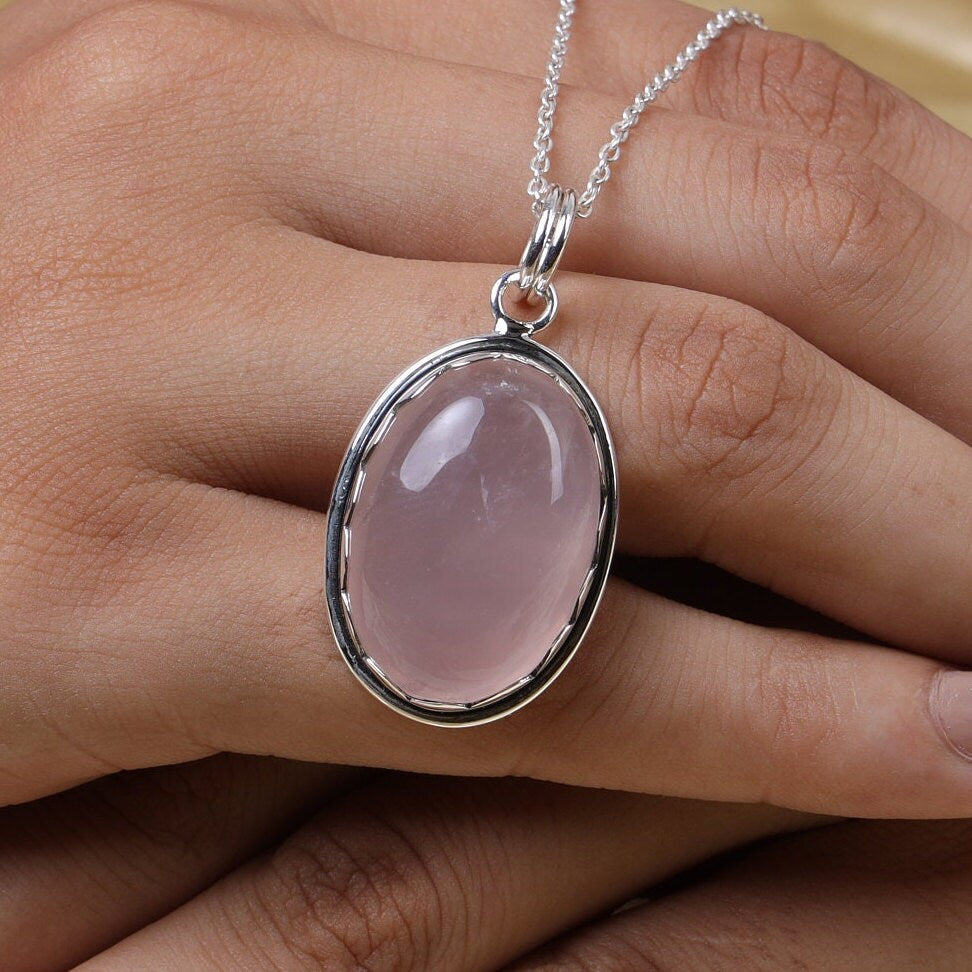 Rose Quartz Pendant, 925 Sterling Silver Pendant, Oval Shaped Pendant, Gemstone Necklace, Handmade Pendant, Birthstone Pendant, Gift for Her