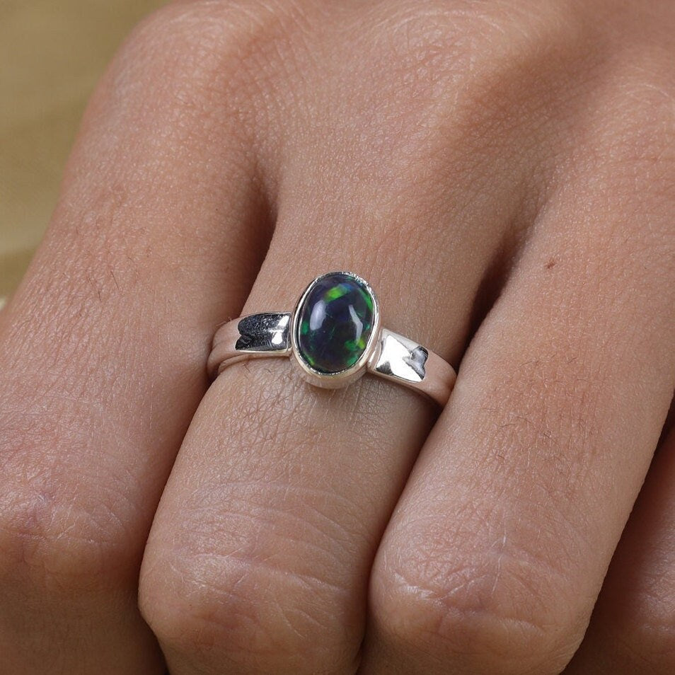 Black Opal Ring Sterling Silver Ring