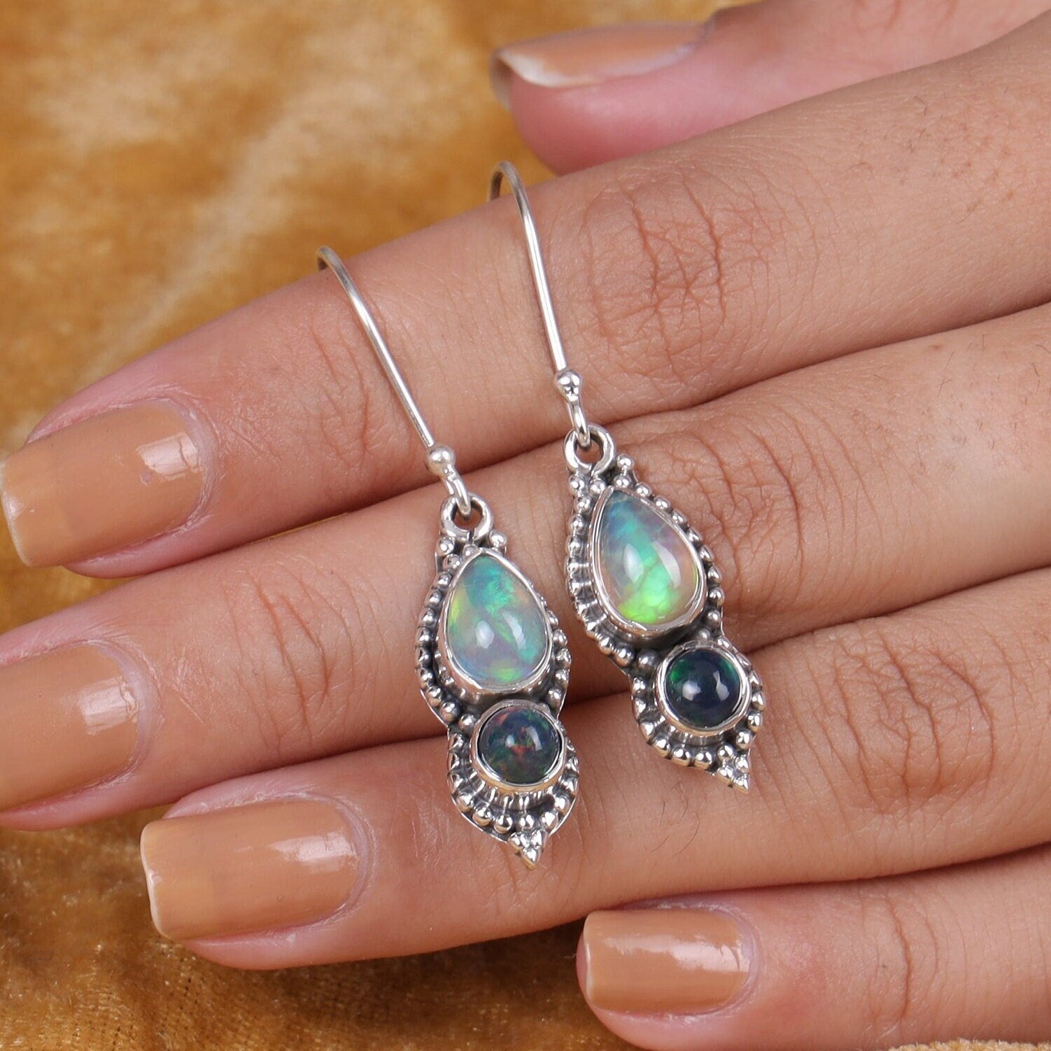 Ethiopian Opal & Black Opal Sterling Silver Earrings