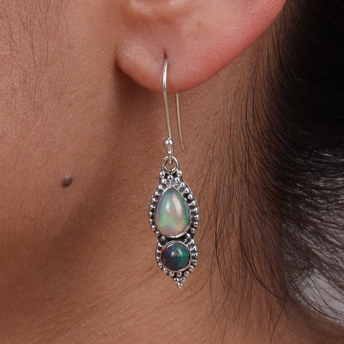 Ethiopian Opal & Black Opal Sterling Silver Earrings