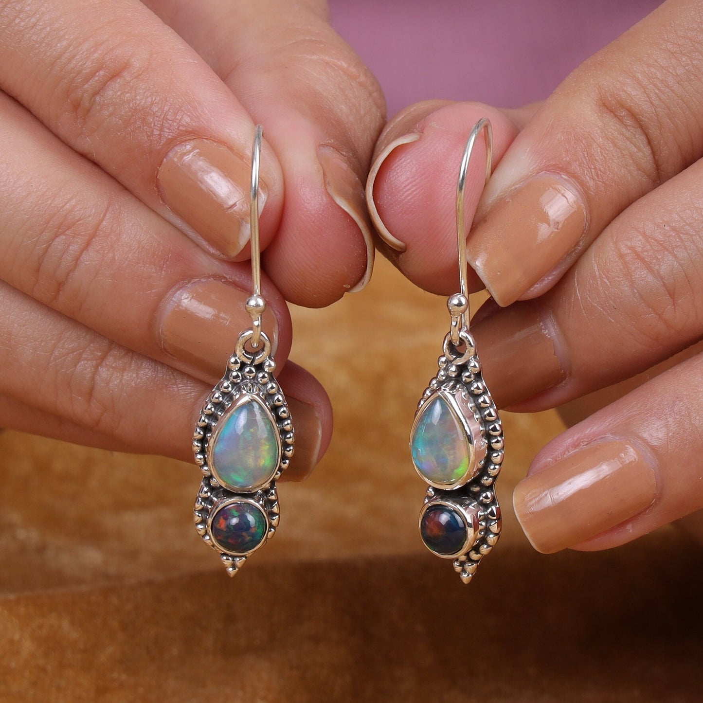 Ethiopian Opal & Black Opal Sterling Silver Earrings