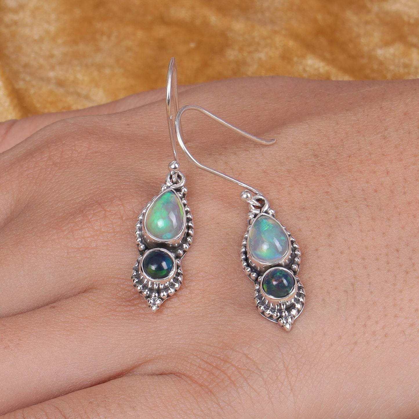 Ethiopian Opal & Black Opal Sterling Silver Earrings