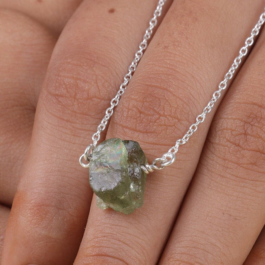 Raw Green Apatite Sterling Silver Necklace